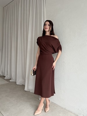 Klex Tek Omuz Drapeli Midi Abiye Elbise 6061 Kahverengi - S