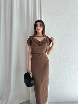 Klex Tek Omuz Askı Detaylı Drapeli Kalem Elbise 5039 Kahverengi - S