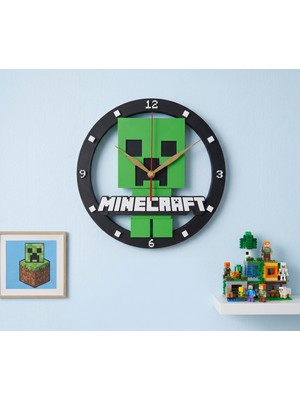 Eosanthe Minecraft Creeper Tasarımlı Ahşap Çocuk Odası Duvar Saati (21X21 Cm) - Dekoratif Sessiz Akar Akar Mekanizmalı Saat