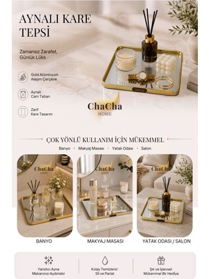 ChaCha Home Iskandinav Lüks Aynalı Dekoratif Sunum Tepsi | Home Detaylı Kare Parfüm, Takı ve Kozmetik Organizeri