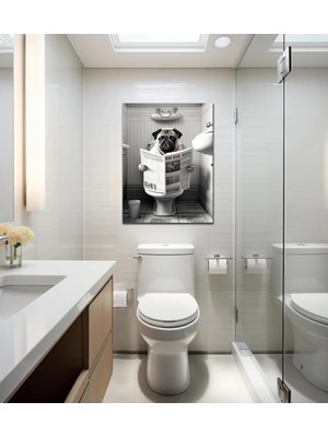 St. Morritz Dekoratif Özel Tasarım Hd Kalite Kanvas Banyo Tablosu Gazete Okuyan Pug