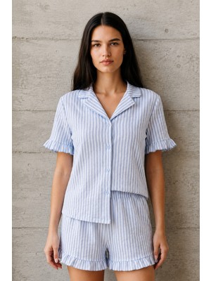 Fit Women Kadın V Yaka Comfort Fit Mavi Pijama Takımı