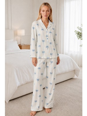 Fit Women Kadın Desenli Relaxed Beyaz Pijama Takımı 4661