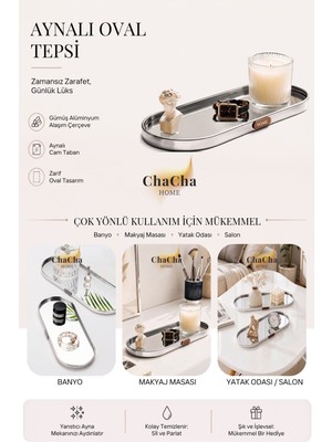 ChaCha Home Iskandinav Lüks Aynalı Dekoratif Sunum Tepsi | Home Detaylı Oval Parfüm, Takı ve Kozmetik Organizeri