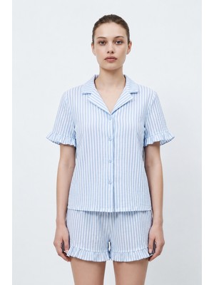 Fit Women Kadın Premium Fırfırlı Mavi Pijama Takımı