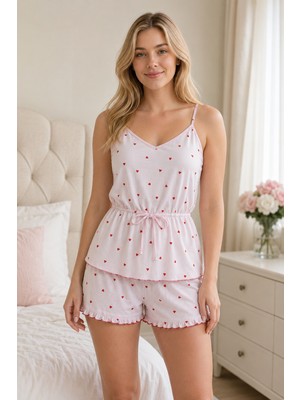 Fit Women Pembe Kalp Desenli Belden Bağlamalı Fırfır Şortlu Pijama Takımı 4656-PEMBE