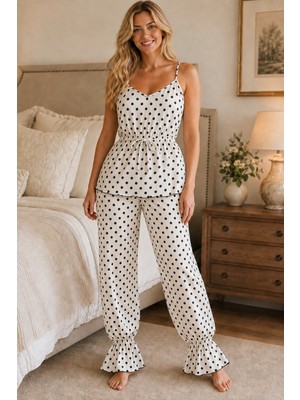 Fit Women Puantiyeli Belden Bağlamalı Fırfır Paçalı Pijama Takımı 4655-BEYAZ