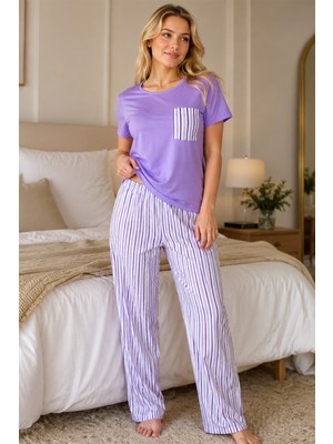 Fit Women Lila Çizgili Cepli Kısa Kollu Pijama Takımı 4651-LILA