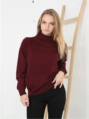 Velmora Fashion Kadın Yarım Balıkçı Yaka Triko Kazak - Bordo