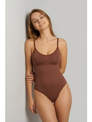 Fit Women Kadın Slip Agraflı Karışımlı Kumaş Kahverengi Body