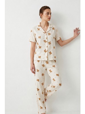 Fit Women V Yaka Kapama Lastik Bel Kar Beyaz Pijama Takımı