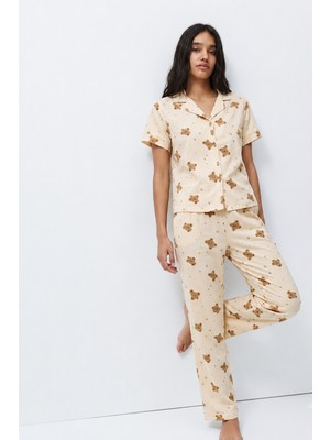 Fit Women Standart Boy Elastanlı Kırık Beyaz Pijama Takımı