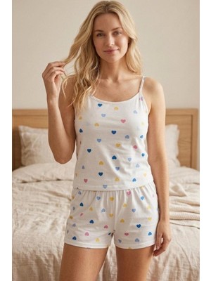 Fit Women Renkli Kalp Desenli Ip Askılı Şortlu Pijama Takımı 4616 -Beyaz