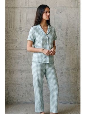 Fit Women V Yaka Düğmeli Casual Su Yeşili Pijama Takımı