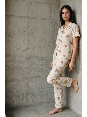 Fit Women V Yaka Düğmeli Casual Kırık Beyaz Pijama Takımı