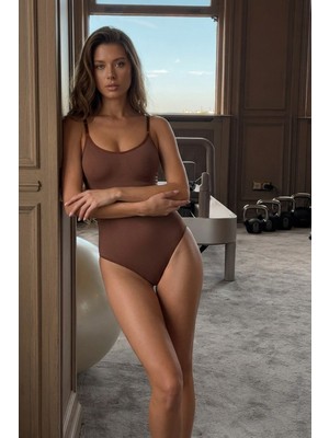 Fit Women Kadın Slip Elastanlı Vücut Uyumlu Kahverengi Body