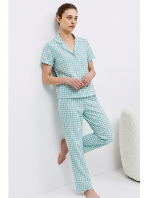 Fit Women V Yaka Kapama Lastik Bel Su Yeşili Pijama Takımı