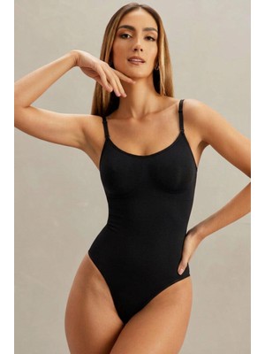 Fit Women Kadın Dikişsiz Örgü Askılı Siyah Full Body