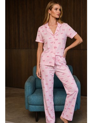 Fit Women Bol Kesim V Yaka Örme Pembe Pijama Takımı