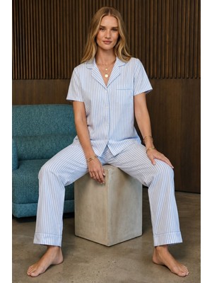 Fit Women Bol Kesim V Yaka Örme Mavi Pijama Takımı