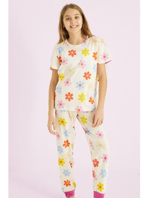 Siyah İnci Ekru Kız Çocuk %100 Pamuk Çiçek Baskılı Bisiklet Yaka Pijama TAKIM25110054