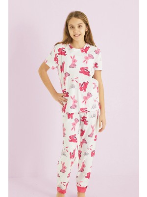 Siyah İnci Beyaz Kız Çocuk %100 Pamuk Tavşan Baskılı Bisiklet Yaka Pijama TAKIM25110056