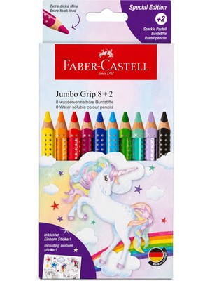 Bereketli Store Faber-Castell Unicorn Jumbo Grip 8+2 Üçgen Kuru Boya Kalemi | Unicorn Temalı Renkli Boya Seti