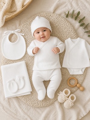 Maxi İdol Yenidoğan Hastane Çıkışı Seti %100 Pamuk 7’li Ribanalı Bebek Zıbın Takımı Antialerjik Unisex Bebek Seti