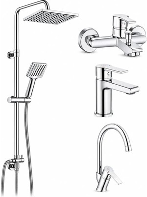ECA E.c.a Ar Lite Banyo Bataryası + Ar Lite Lavabo Bataryası + Ar Lite Evye Bataryası + Ar Dicle Yağmurlama Duş Kolonu| 5 Yıl Garantili