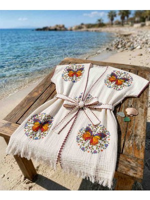 Trendol Fashion Life Kelebek Desenli Plaj Kimonosu /2 Kat Müslin Kumaş