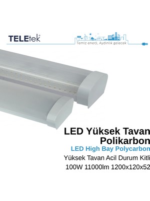 Teletek 100W Acil Durum Kitli Beyaz Difüzör IP65 Polikarbon Yüksek Tavan LED Aydınlatma Armatürü Sıva Üstü, Endüstriyel