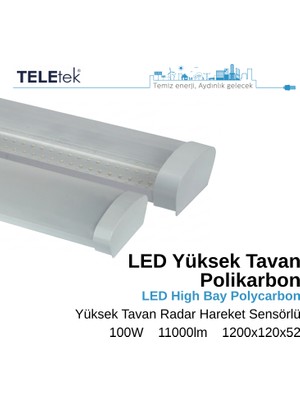 Teletek 100W Radar Hareket Sensörlü Beyaz Difüzör IP65 Polikarbon Yüksek Tavan LED Aydınlatma Armatürü Sıva Üstü, Endüstriyel