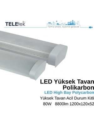 Teletek 80W Acil Durum Kitli Beyaz Difüzör IP65 Polikarbon Yüksek Tavan LED Aydınlatma Armatürü Sıva Üstü, Endüstriyel