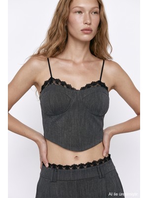 Quzu Dantelli Askılı Korse Crop Bluz Antrasit