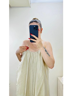 Büzgülü Askılı Ekru Maxi Boy Elbise