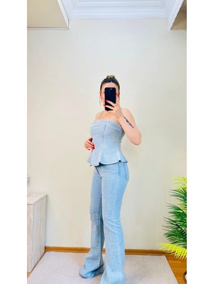 Taşlı Peplum Straplez Denim Ikili Takım
