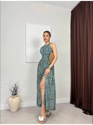 Halter Yaka Sırt Dekolte Yeşil Maxi Elbise
