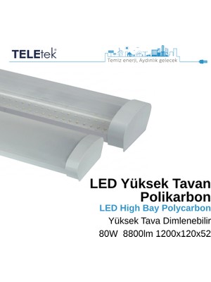Teletek 80W 3 Dimlenebilir LED Aydınlatma Armatürü   Beyaz Difüzör IP65 Polikarbon Yüksek Tavan Sıva Üstü, Endüstriyel