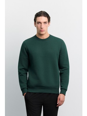 AVVA Erkek Koyu Yeşil Bisiklet Yaka 3 İplik Şardonlu -4 Dereceye Dayanıklı Regular Fit Sweatshirt A62Y1291