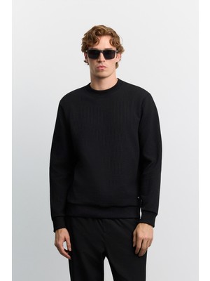 AVVA Erkek Siyah Bisiklet Yaka Kolay Ütülenen Jakarlı Regular Fit Sweatshirt A62Y1256