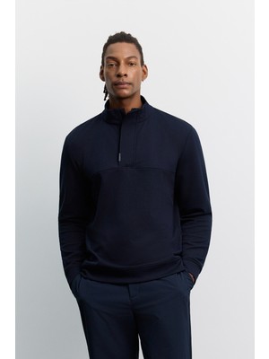 AVVA Erkek Lacivert Dik Yaka  Fermuarlı Gizli Pat  İnterlok Sweatshirt A62Y1222
