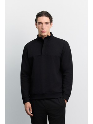 AVVA Erkek Siyah Dik Yaka  Fermuarlı Gizli Pat  İnterlok Sweatshirt A62Y1222