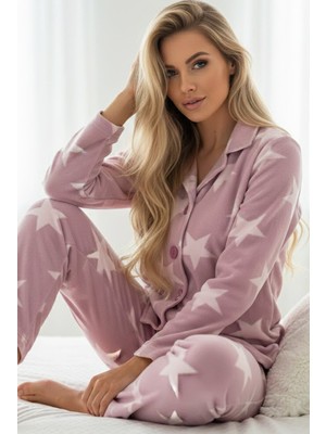 Siyah İnci Pembe Yıldız Desenli Düğmeli Polar Kışlık Örme Pijama Takım
