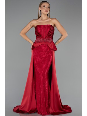 Abiyefon Straplez Peplum Kesim Kuyruklu Uzun Dantel Abiye ABU5615