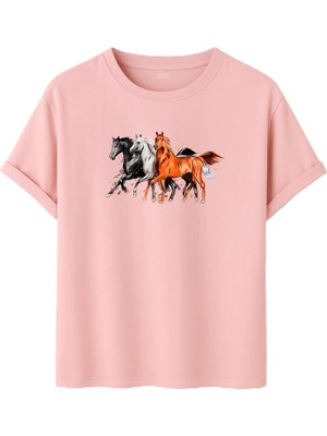 Dk Daksel Daksel Unisex At Baskılı T-SHIRT,%100 Pamuk, Rahat Kesim, Kısa Kollu, Yuvarlak Yaka, Günlük Kullanım