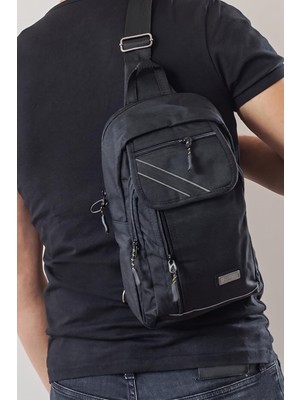 1001 Çapraz Sırt Omuz Göğüs Su Geçirmez Askılı Unisex Gri Şeritli Siyah Çanta (18X30 Cm) (Sport