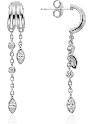 Söğütlü Silver 925 Ayar Gümüş Küpe Beyaz Altın Rodyumlu Çift Zincirli Kaburga Detaylı Sallantılı Taşlı Zincir Küpe SGTL13500RODAJ