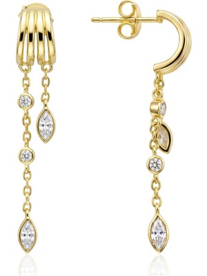 Söğütlü Silver 925 Ayar Gümüş Küpe Altın Kaplama Çift Zincirli Kaburga Detaylı Sallantılı Taşlı Zincir Küpe SGTL13500GOLD