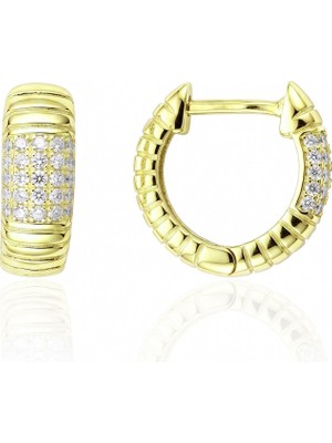 Söğütlü Silver 925 Ayar Gümüş Altın Kaplama Kalın Işıltılı Çizgili Pave Taş Bloklu Halka Küpe - Bombeli Çok Sıra Zirkon Taşlı Huggie Küpe SGTL13496GOLD