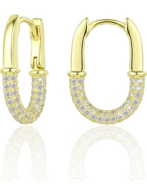 Söğütlü Silver 925 Ayar Gümüş Küpe Altın Kaplama Yarı Taşlı Oval Halka Küpe - U Formlu Zirkon Taşlı Şık Geçmeli Küpe SGTL13486GOLD